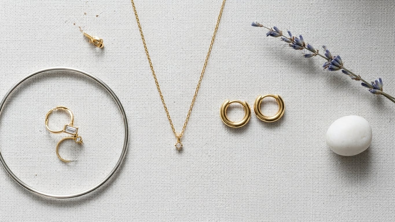 Woman wearing simple gold hoop earrings and delicate chain necklace demonstrating timeless quiet luxury jewelry styling