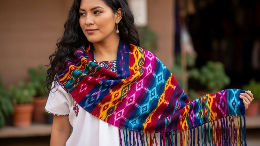 Woman wearing colorful handwoven Mexican shawl draped over shoulders with intricate ikat patterns and traditional designs
