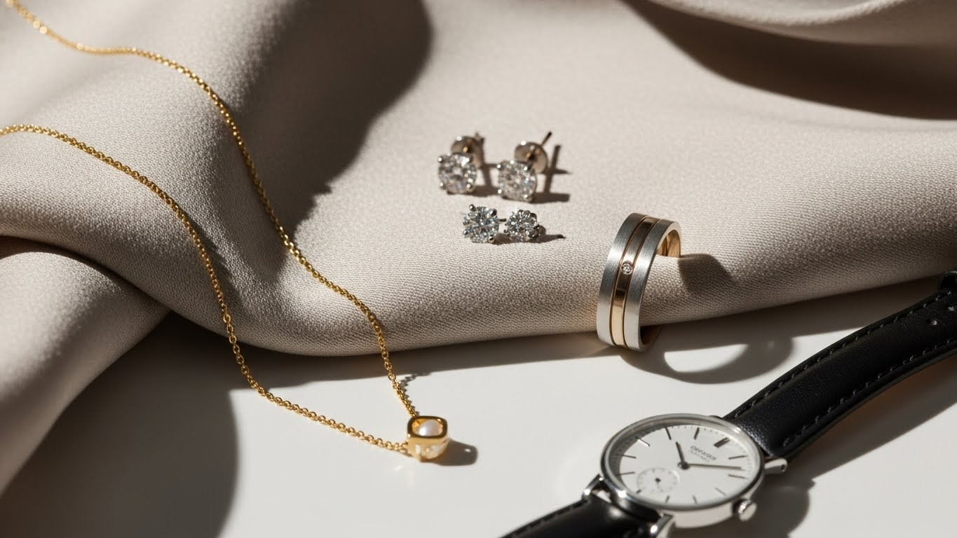 Elegant quiet luxury gold jewelry pieces laid flat on marble surface showing minimalist design and premium craftsmanship