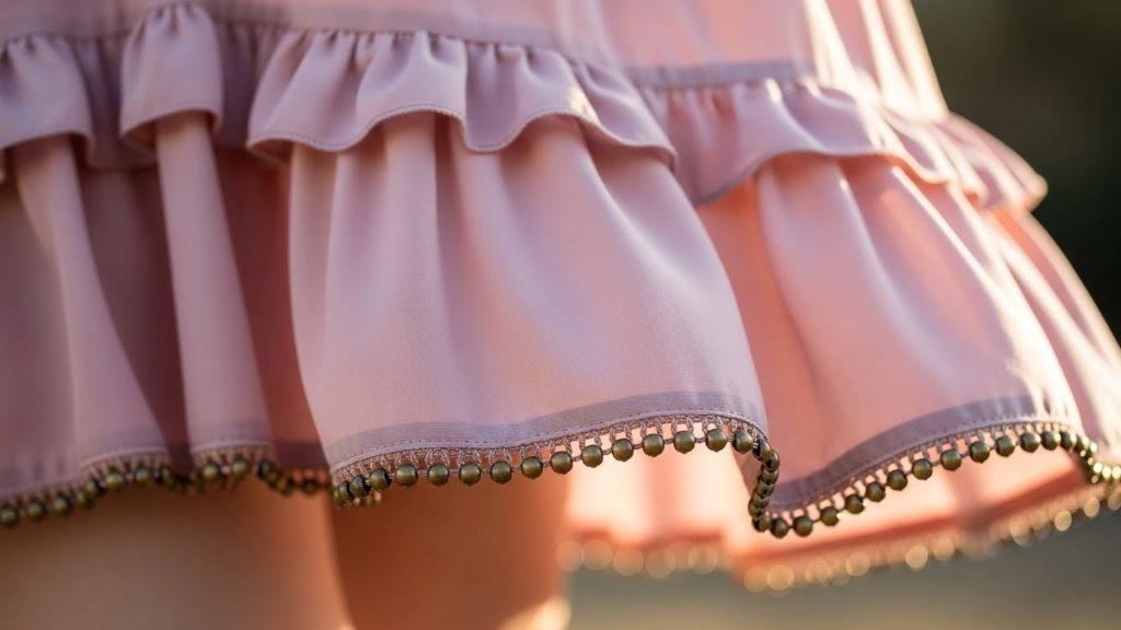 Close-up of ruffled skirt hem with weighted trim showing fabric balance solution for comfortable walking in layered dresses
