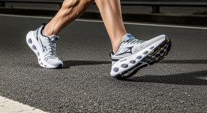 Runner wearing lightweight cushioned running shoes on asphalt road with visible foam midsole technology