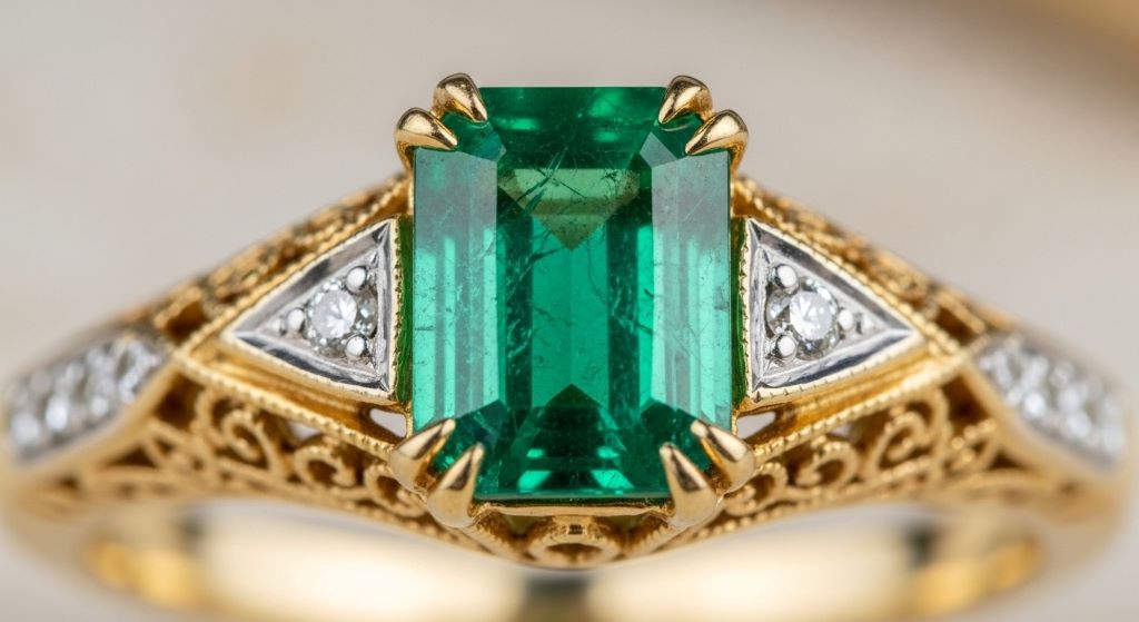 Close-up of vibrant emerald center stone in ornate yellow gold vintage engagement ring showing rich green color and classic design