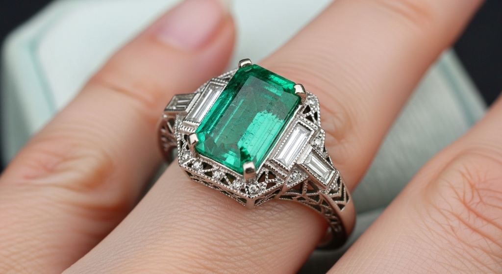 Emerald engagement ring with rectangular green gemstone in vintage platinum setting with diamond accents and Art Deco details