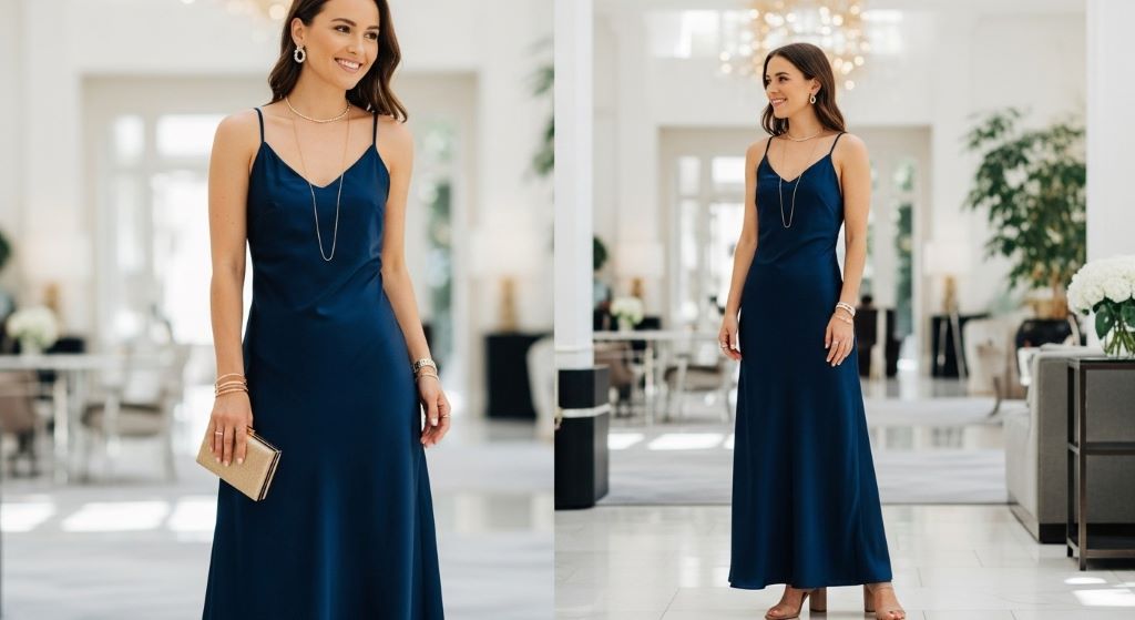 Elegant navy blue satin slip maxi dress styled with gold accessories and nude block heel sandals for wedding guest outfit