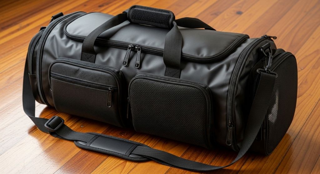 Open gym bag showing organized compartments with workout clothes, shoes, water bottle, and towel inside