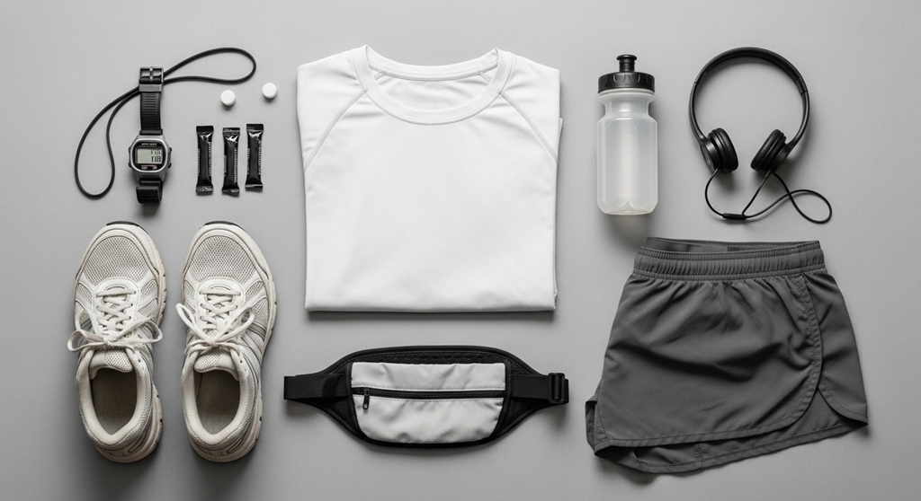 Budget friendly running gear including shoes clothing and hydration bottle