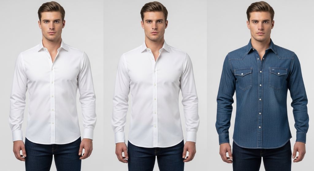 Side-by-side comparison of a shirt that fits correctly versus one that is too tight and one that is too baggy