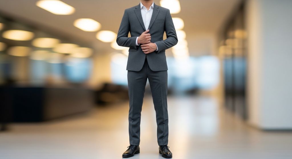 A person wearing a well-fitted blazer and trousers standing confidently, demonstrating proper clothing fit