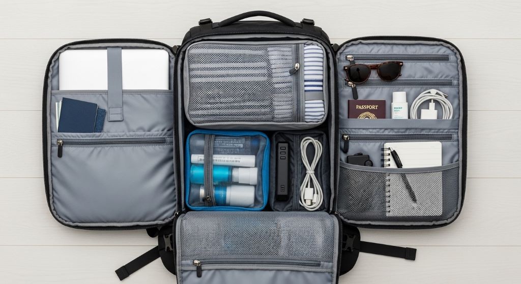 An open travel backpack laid flat showing organized packing cubes, a laptop sleeve, and multiple compartments