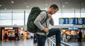 A traveler adjusting the shoulder straps of a dark green budget travel backpack at an airport terminal