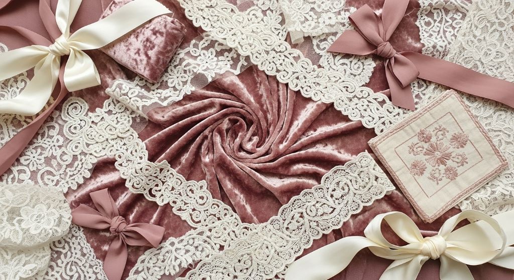 Flat lay of soft vintage-style fabrics including velvet, lace, and silk in dusty rose and ivory tones