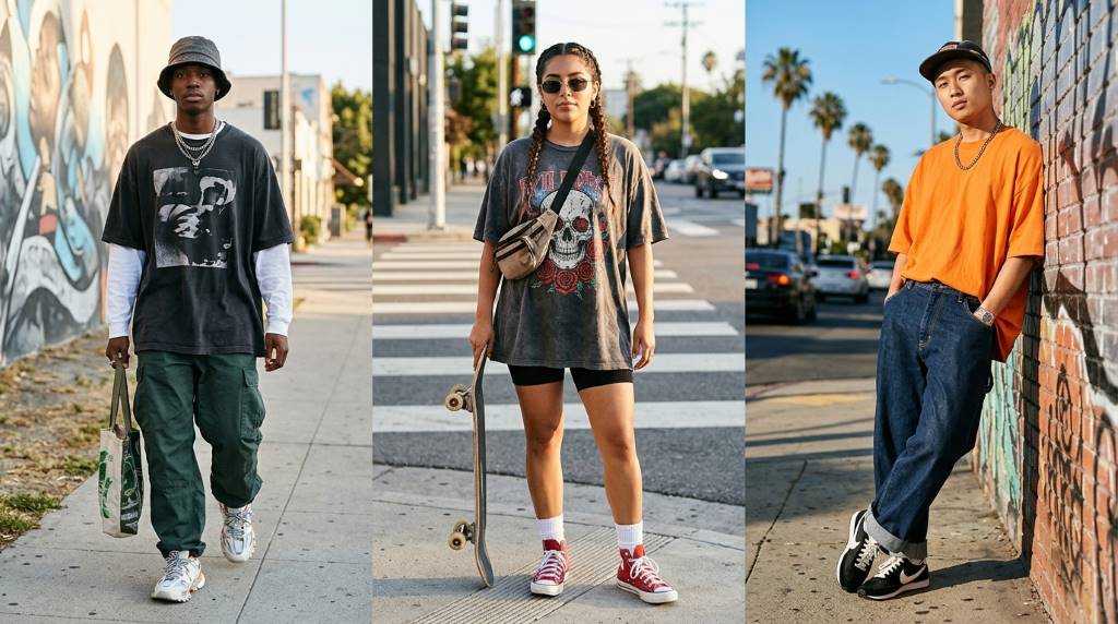 Modern streetwear lover layering oversized t-shirt with flannel shirt in Los Angeles, CA