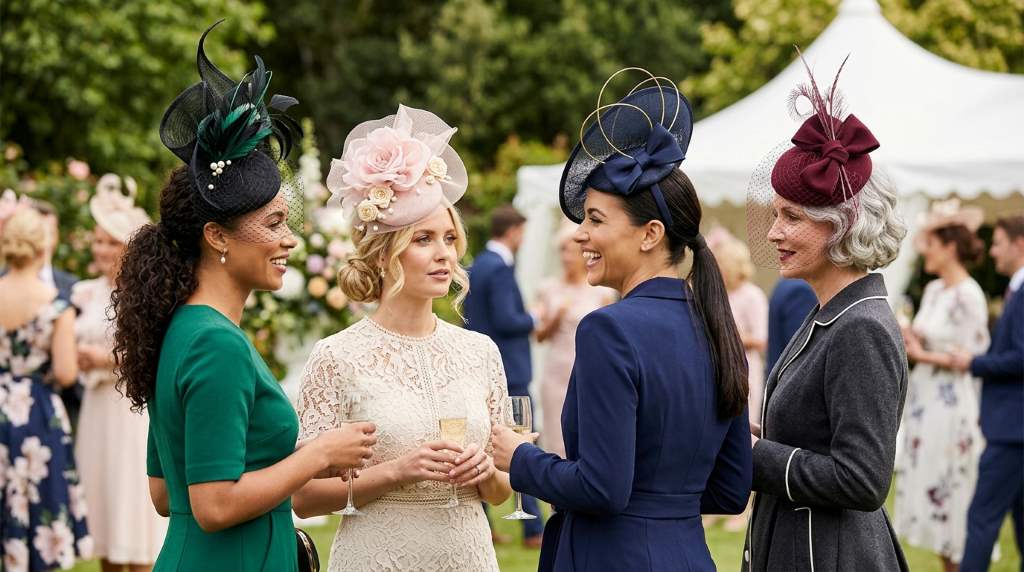 Stylish Miami Derby party guest with feather fascinator and elegant cocktail dress