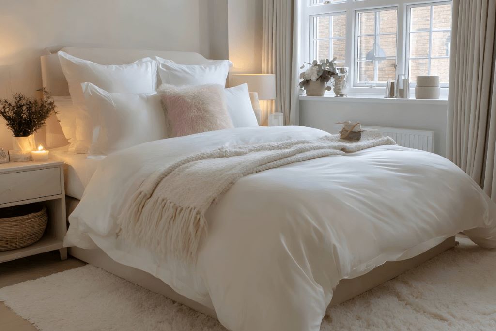 Affordable king-size bed dressed with premium-looking bedding and pillows