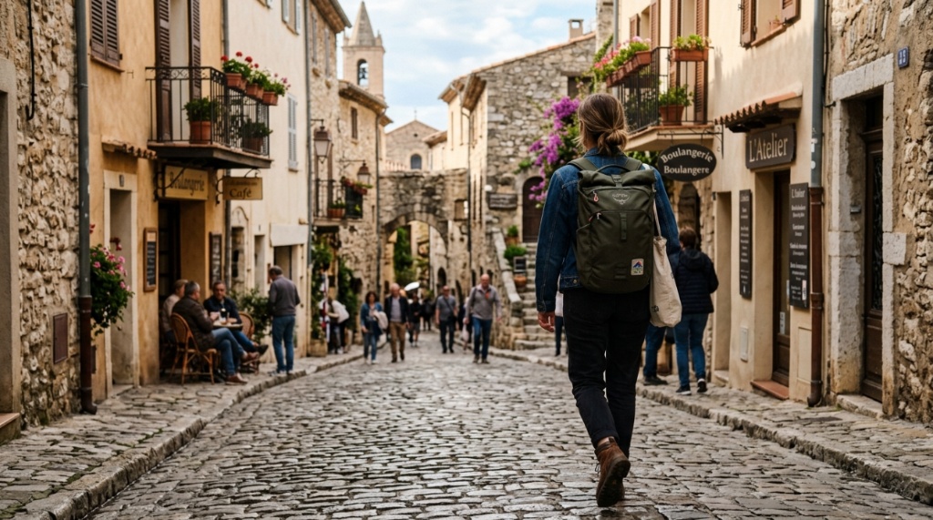 Traveler walking down a scenic street wearing a gray travel backpack.