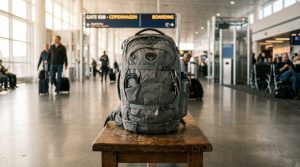 Black affordable travel backpack sitting packed on an airport terminal bench.