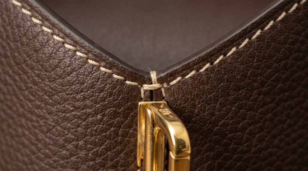 Close-up of precise hand-stitching and polished metal clasp on a luxury handbag.