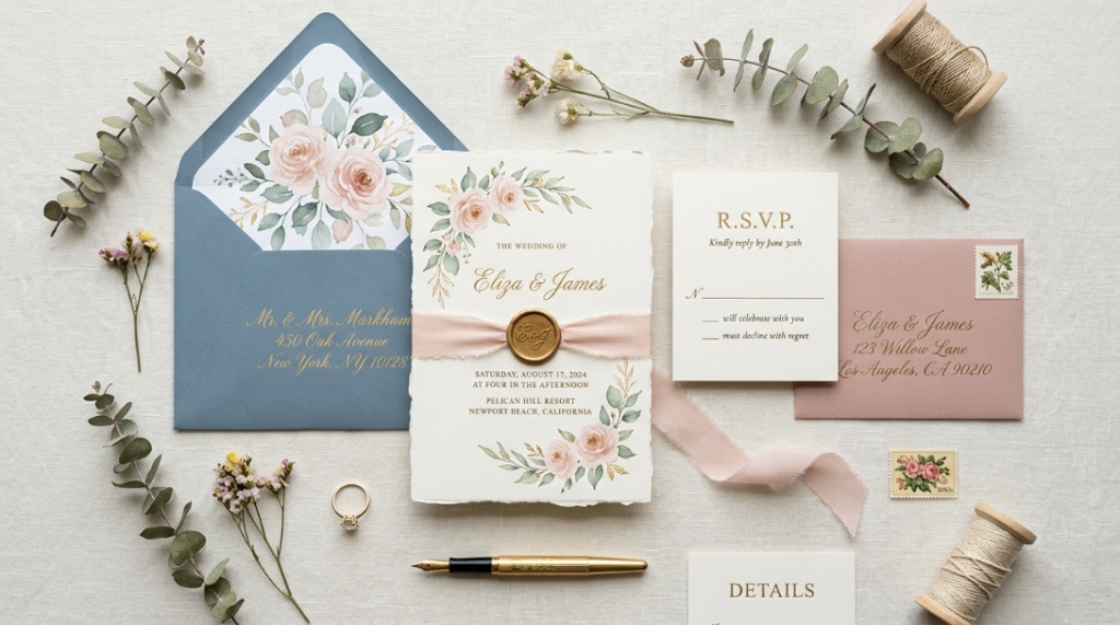 Elegant gold foil wedding invitation suite displayed on a clean linen surface.