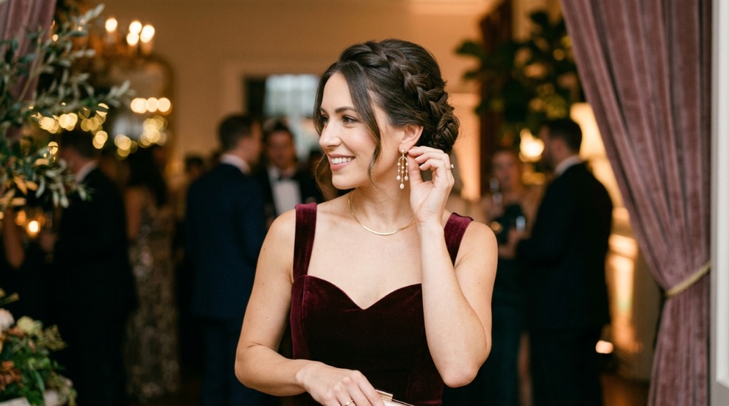 Close-up of freshwater pearl drop earrings paired with lace wedding dress.