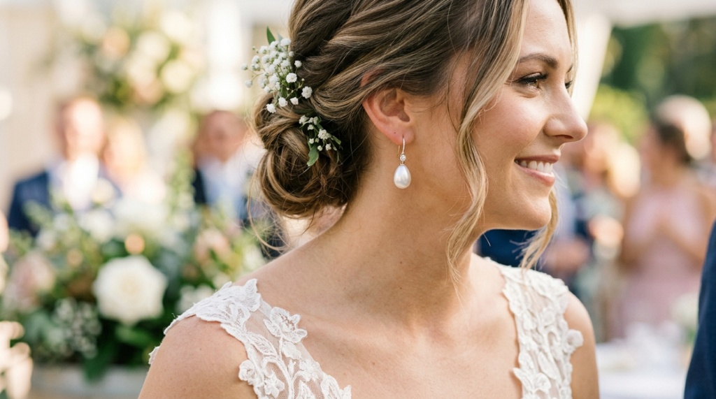 Bride wearing elegant pearl drop earrings with an updo wedding hairstyle.
