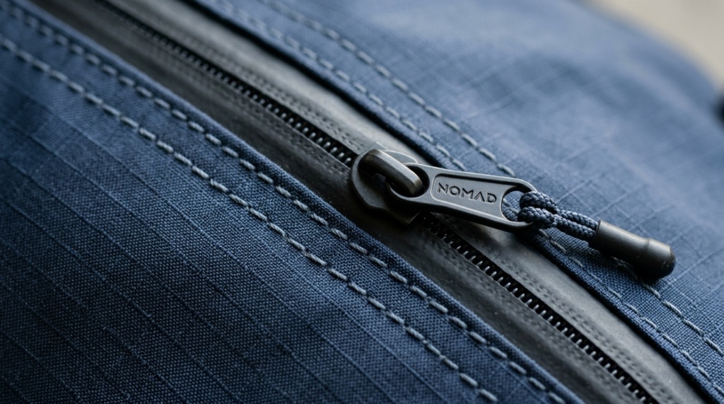 Close up of water resistant zipper on durable nylon duffel bag.