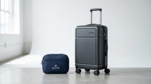 Folded navy blue travel duffel bag next to carry on suitcase.