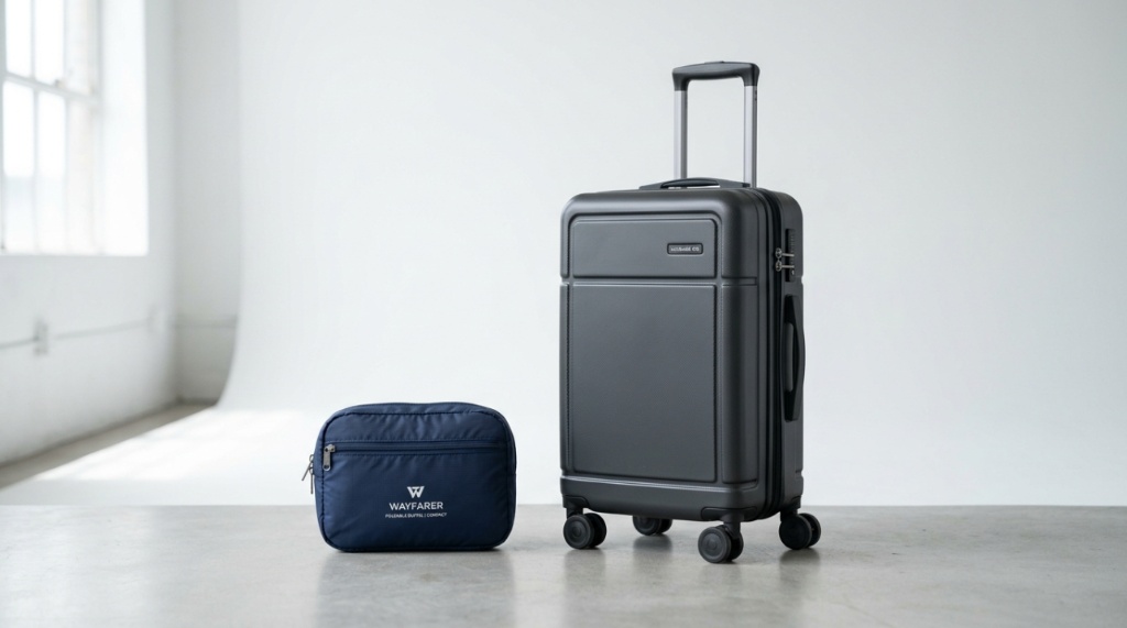 Folded navy blue travel duffel bag next to carry on suitcase.