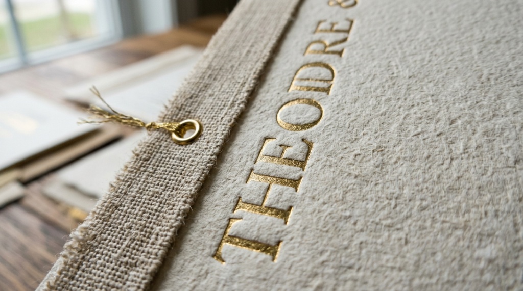 Close up of debossed letterpress text on heavy cotton wedding cardstock.