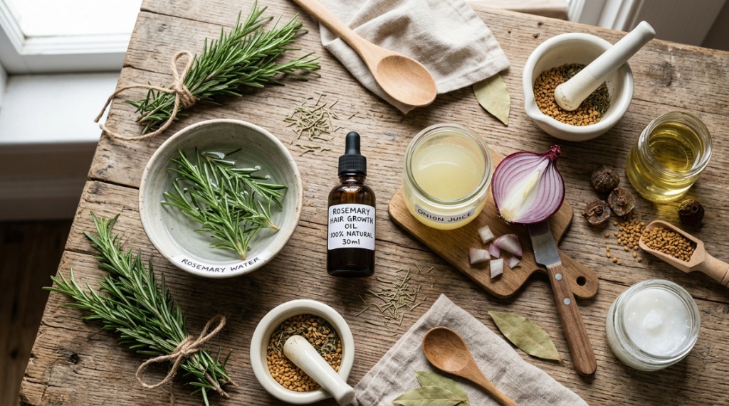 Natural DIY hair growth remedies on wooden table.