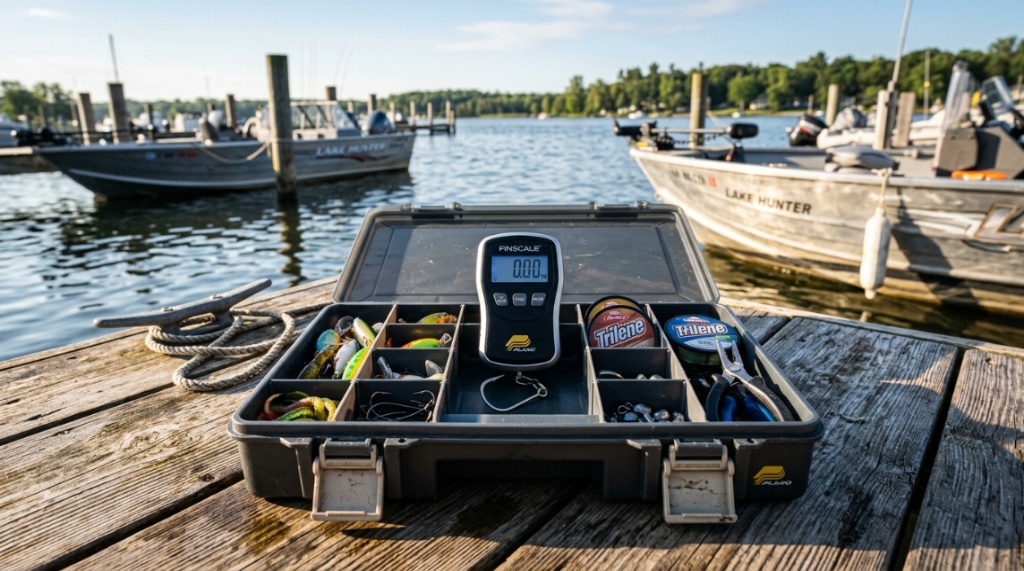 A hand fitting a pocket-sized digital fish scale into a small tackle tray compartment.