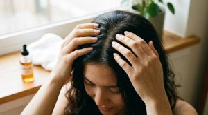 Person massaging scalp with natural oil for hair growth.