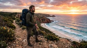 A man wearing a hiking backpack overlooking a Western Australia coastal trail at sunset.