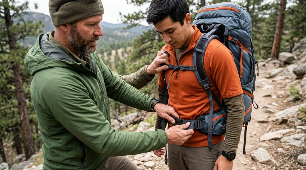 An outdoor expert adjusting the straps on a man's camping backpack.